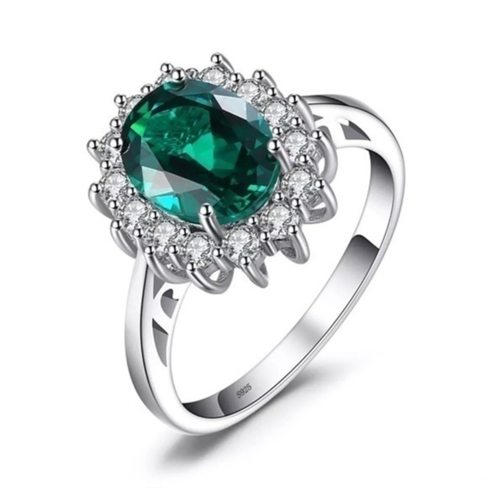 925 Sterling Silver Simulated Green Emerald Engagement Ring